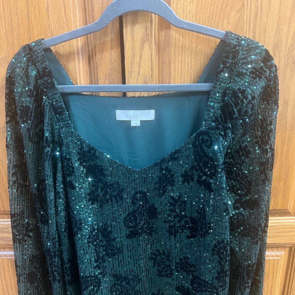 Women's Dressy Top by Loft, Forest Green with Sequins, Paisley Pattern, Size M
